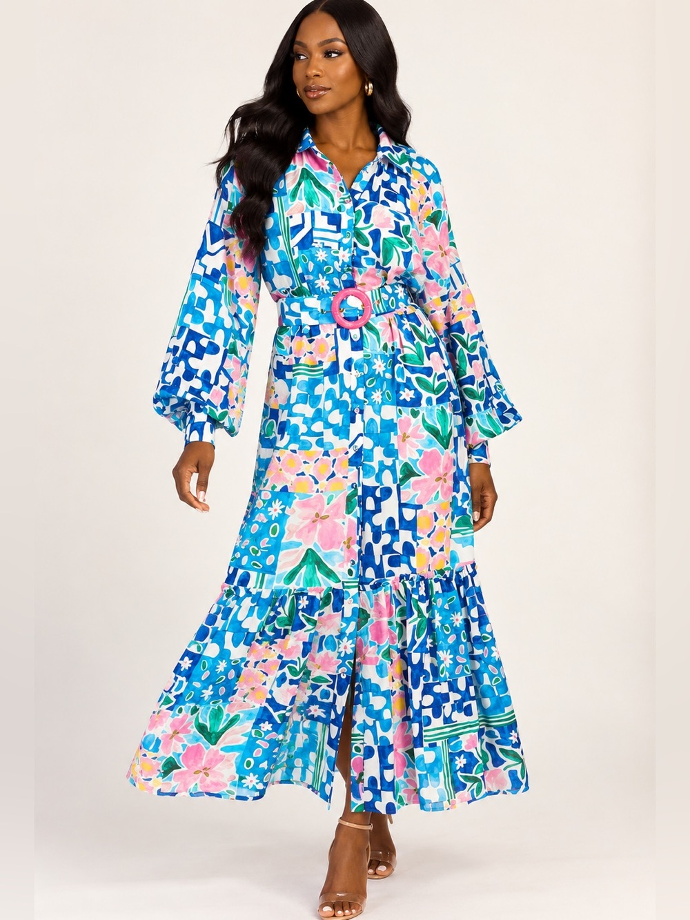 Anthropologie La maise Printed Button-Front Maxi Dress with Belt - Blue Floral